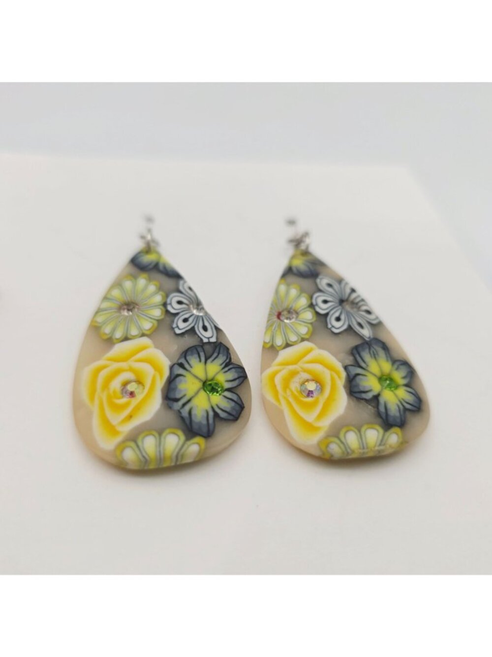 Floral Teardrop Earrings Yellow And Blue Flowers & Rhinestone Polymer 2.75 - Picture 2 of 5